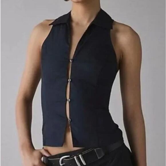 Urban Outfitters UO Party Girl Cotton-Blend Button Down Sleeveless Shirt Black - Picture 1 of 8